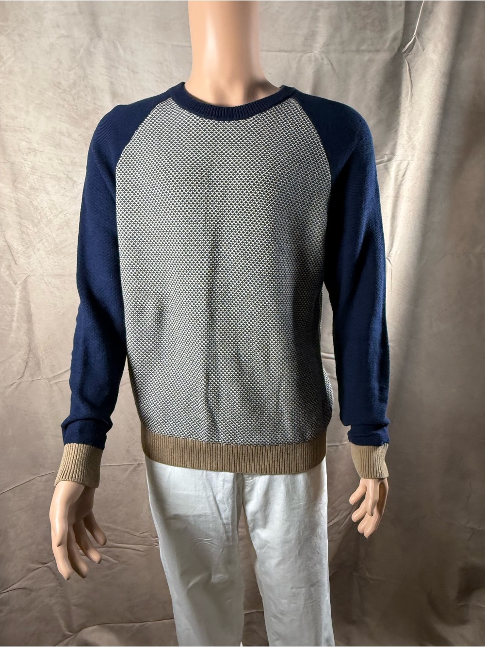 Express Men's Crewneck Sweater in Navy, Gray & Tan Trim